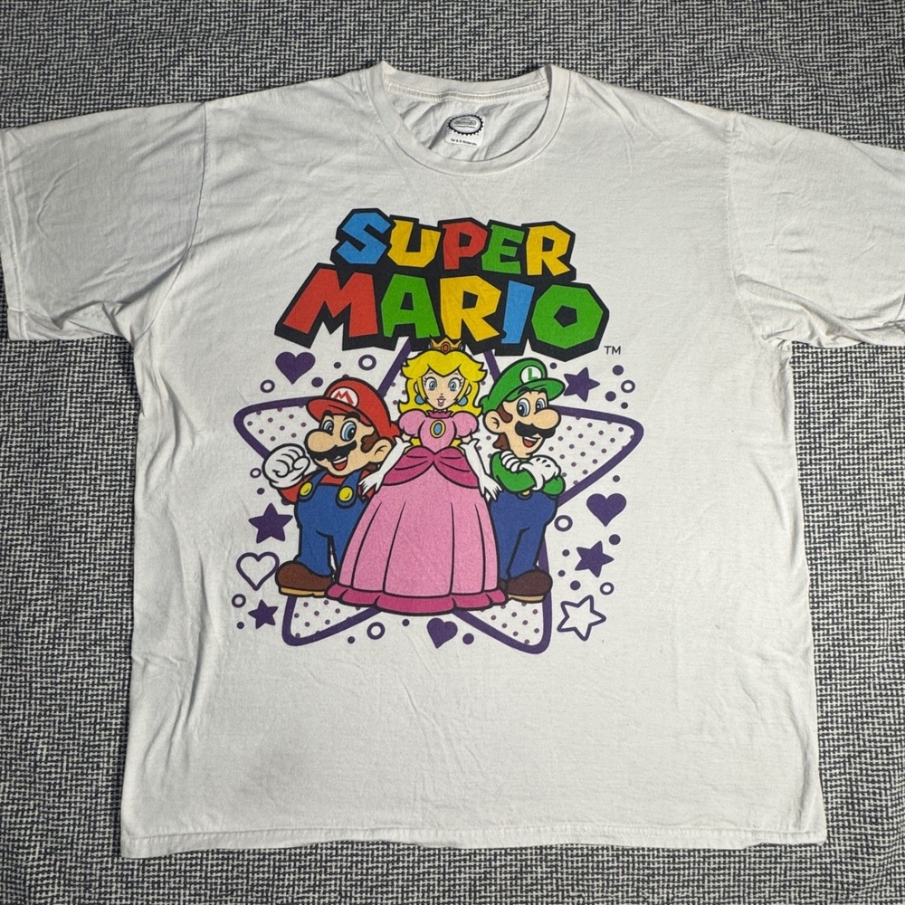 Nintendo Super Mario Bros Graphic T-Shirt White Mario Luigi Princess Peach XL